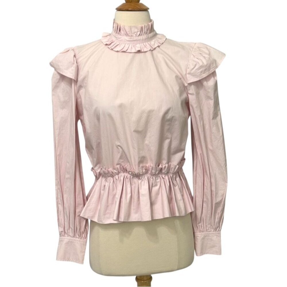 GANNI Womens Pink Ruffle Mock Neck Peplum Blouse Open Back Long Sleeve Size 38/6